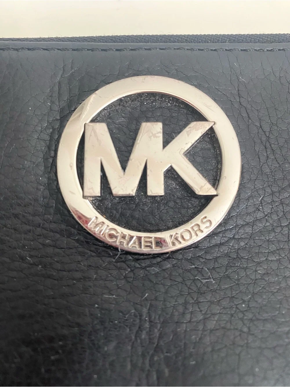 Michael Kors Black Leather Zip-Around Wallet with Silver MK Logo